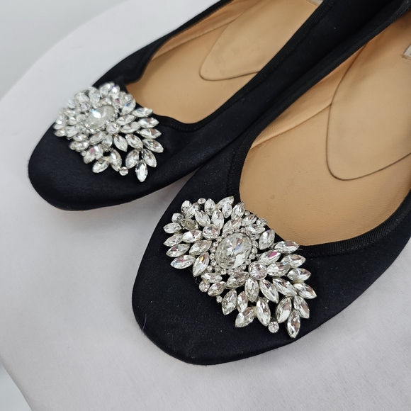 Badgley Mischka Pippa Crystal Flats Size 8 Black Satin - Picture 2 of 6